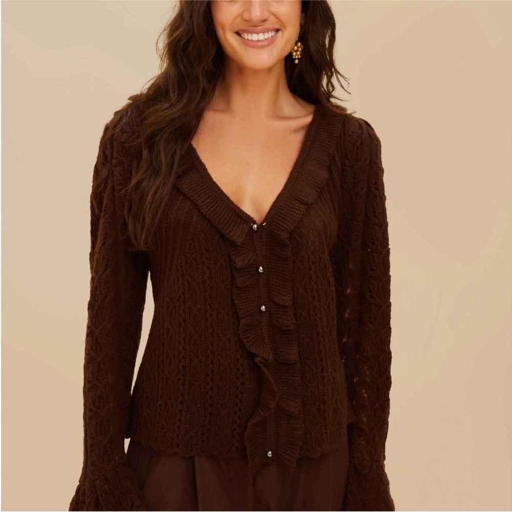 Farm Rio: NWT: Lace Stitch Knit Ruffles Cardigan - Brown DT - Picture 2 of 11